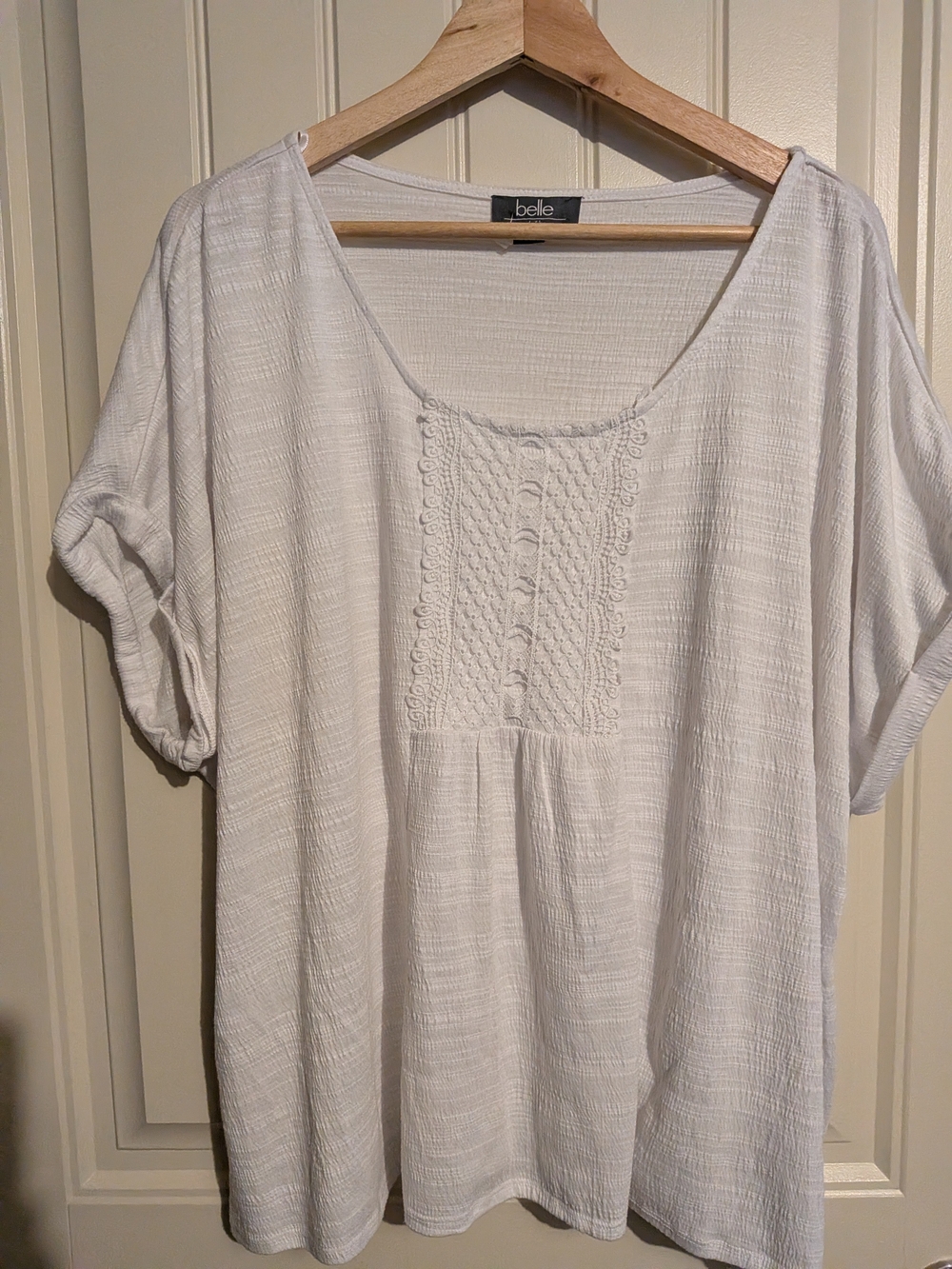 4/$45 - White Textured Scoop-Neck Tunic with Crochet Panel